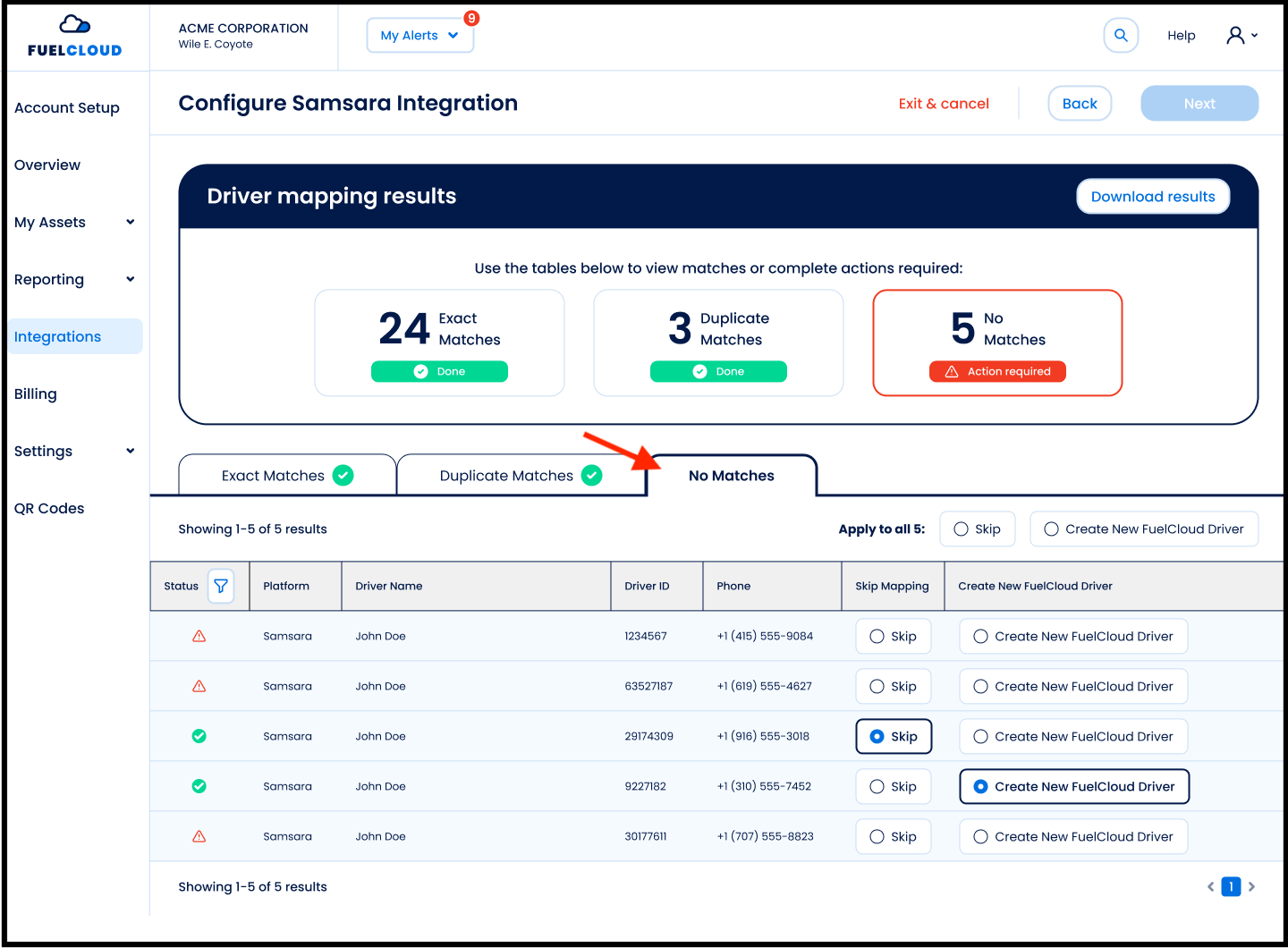 Configure Samsara Integration - Step 2_ Map Drivers - No Matches (Action required).png