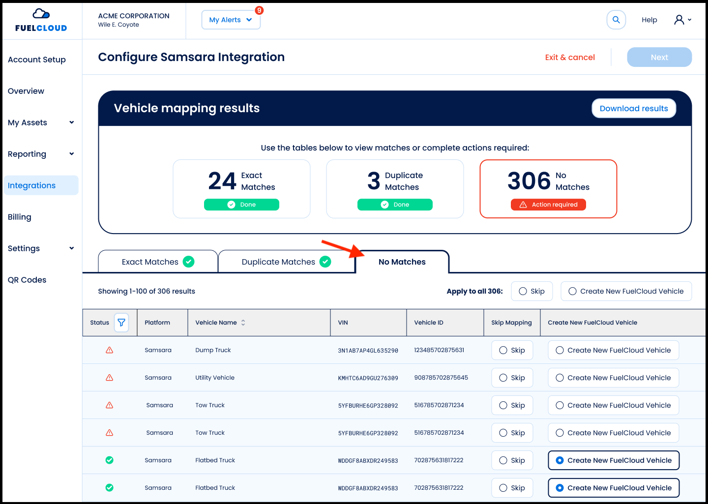 Configure Samsara Integration updated No Matches (Action required).png