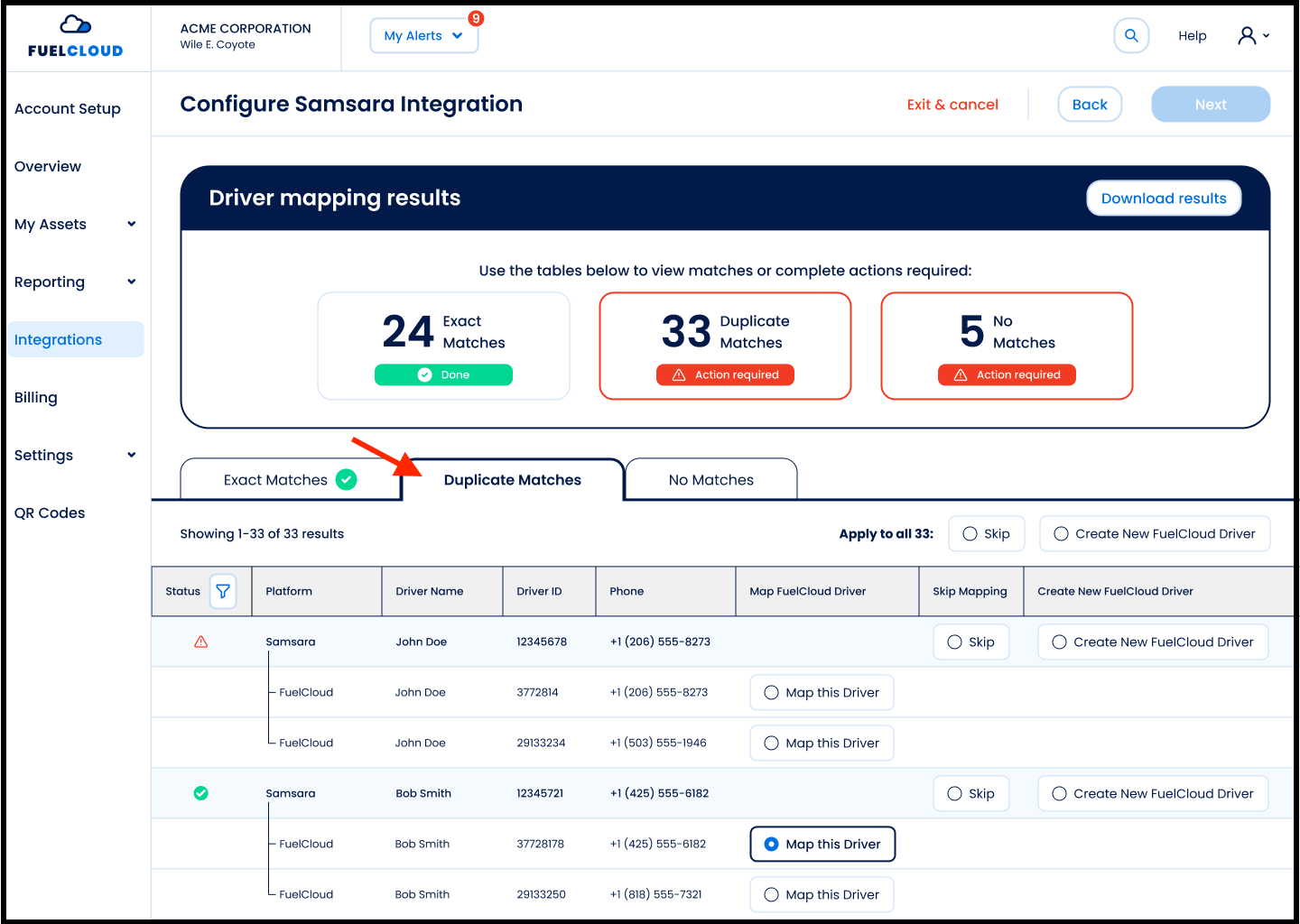 Configure Samsara Integration - Step 2_ Map Drivers - Duplicate Matches (Action required) Pagination example.png